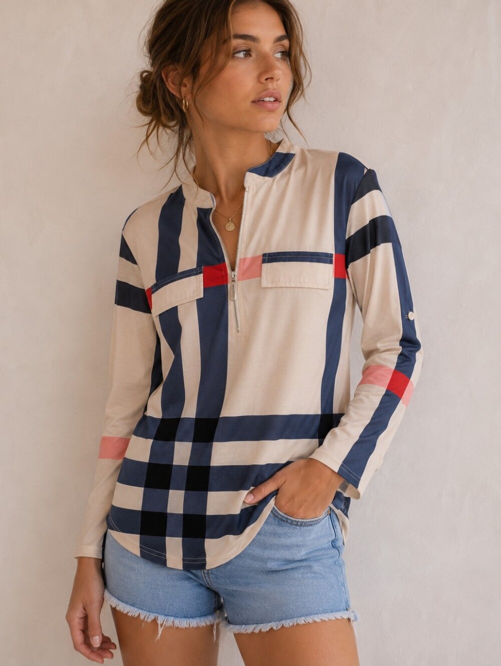 Moyabo Striped Zip-Front Blouse in Cream With Strips And Color blocks, M